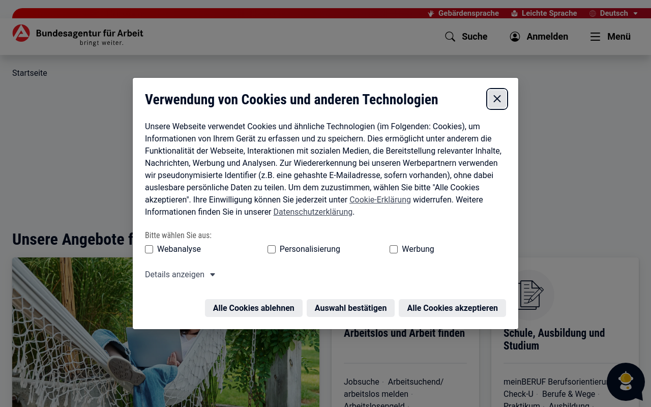Gerenderte Browseransicht von arbeitsagentur.de