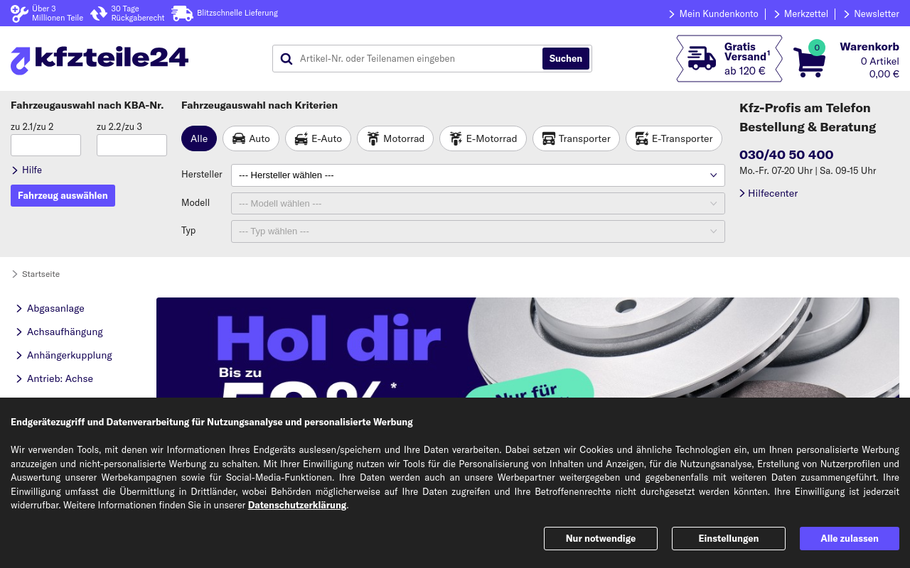 Gerenderte Browseransicht von kfzteile24.de