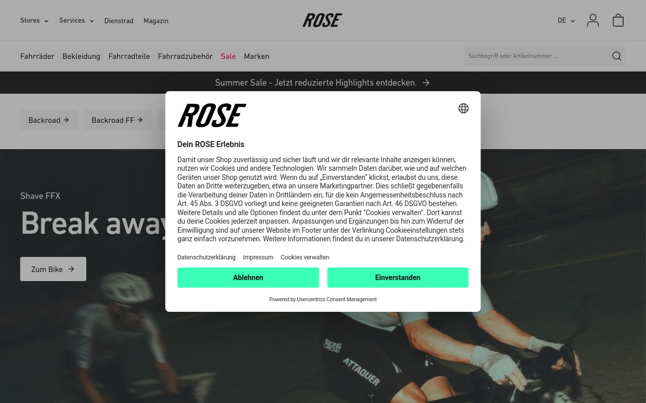 Gerenderte Browseransicht von rosebikes.de