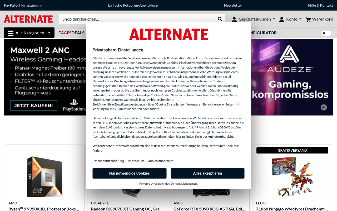 Gerenderte Browseransicht von alternate.de